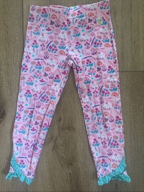 Wildflowers Pink Floral & Rainbow Leggings with Aqua Ruffle Hem